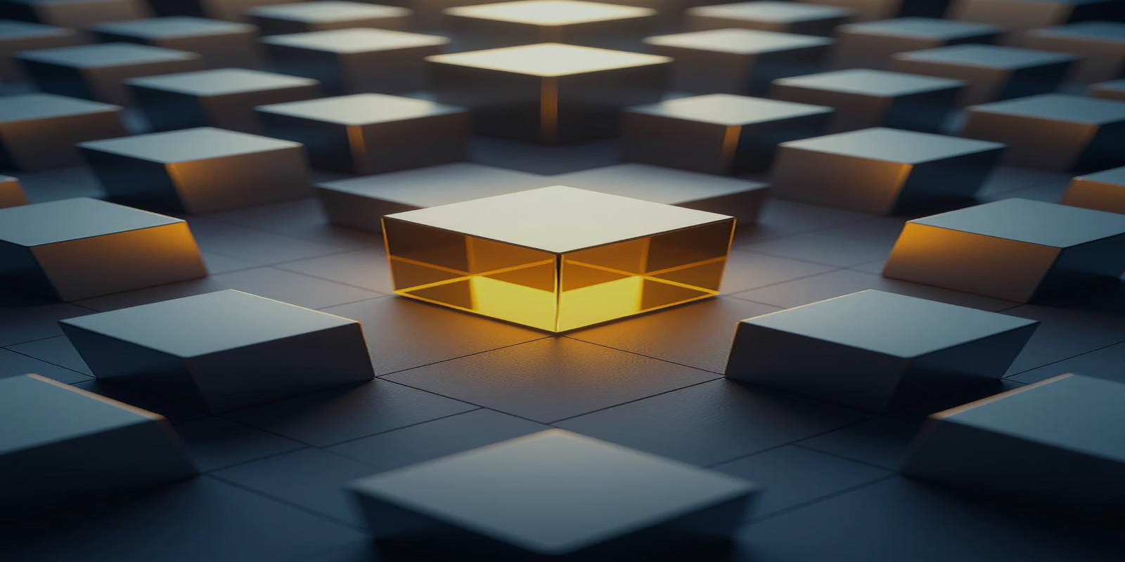 A grid of identical dark cubes, one of them lit from within in amber